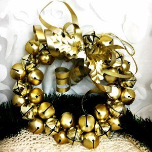 Door Wreath Gold Metal Bells w/ Metal Ribbons